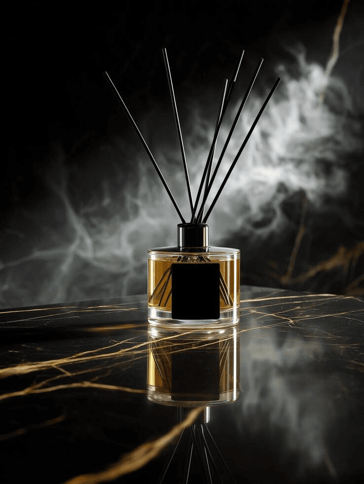 An amber reed diffuser on dark marble, the scent of the house